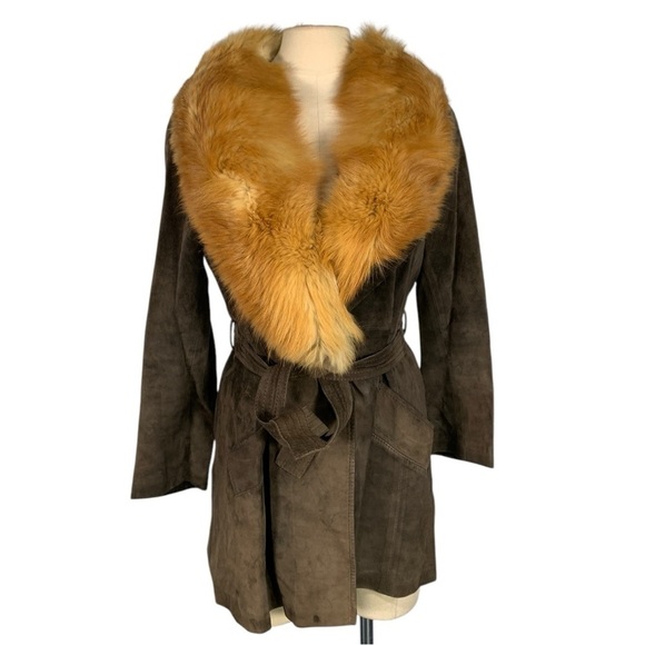 Vintage RA Suede Leather Fox Fur Trim Coat Size Small - Picture 1 of 11